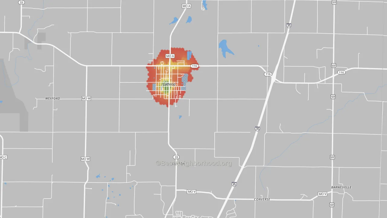 Walk Grade map of Lathrop, MO, walkable areas in green and car-dependent areas in red