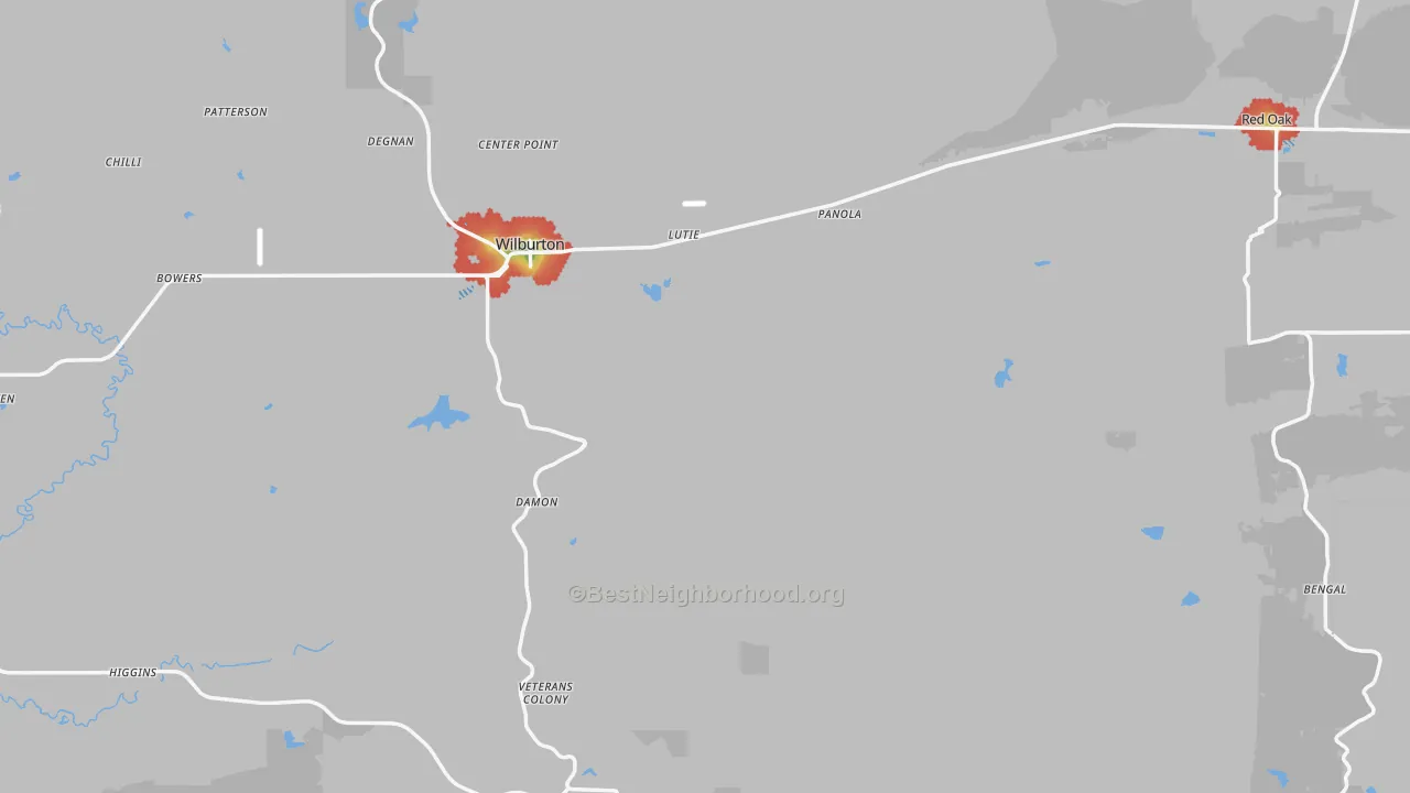 Walk Grade map of Latimer County, OK, walkable areas in green and car-dependent areas in red