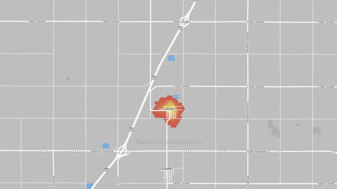 Walk Grade map of Latimer, IA, walkable areas in green and car-dependent areas in red