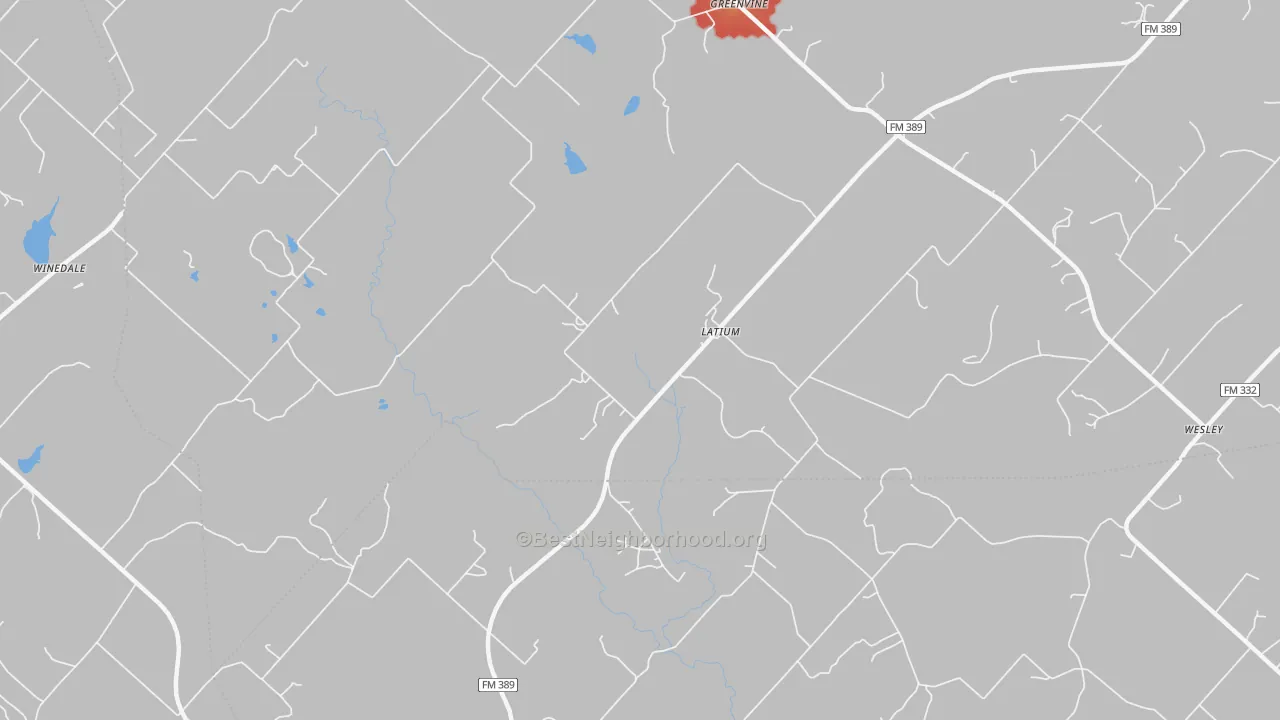 Walk Grade map of Latium, TX, walkable areas in green and car-dependent areas in red