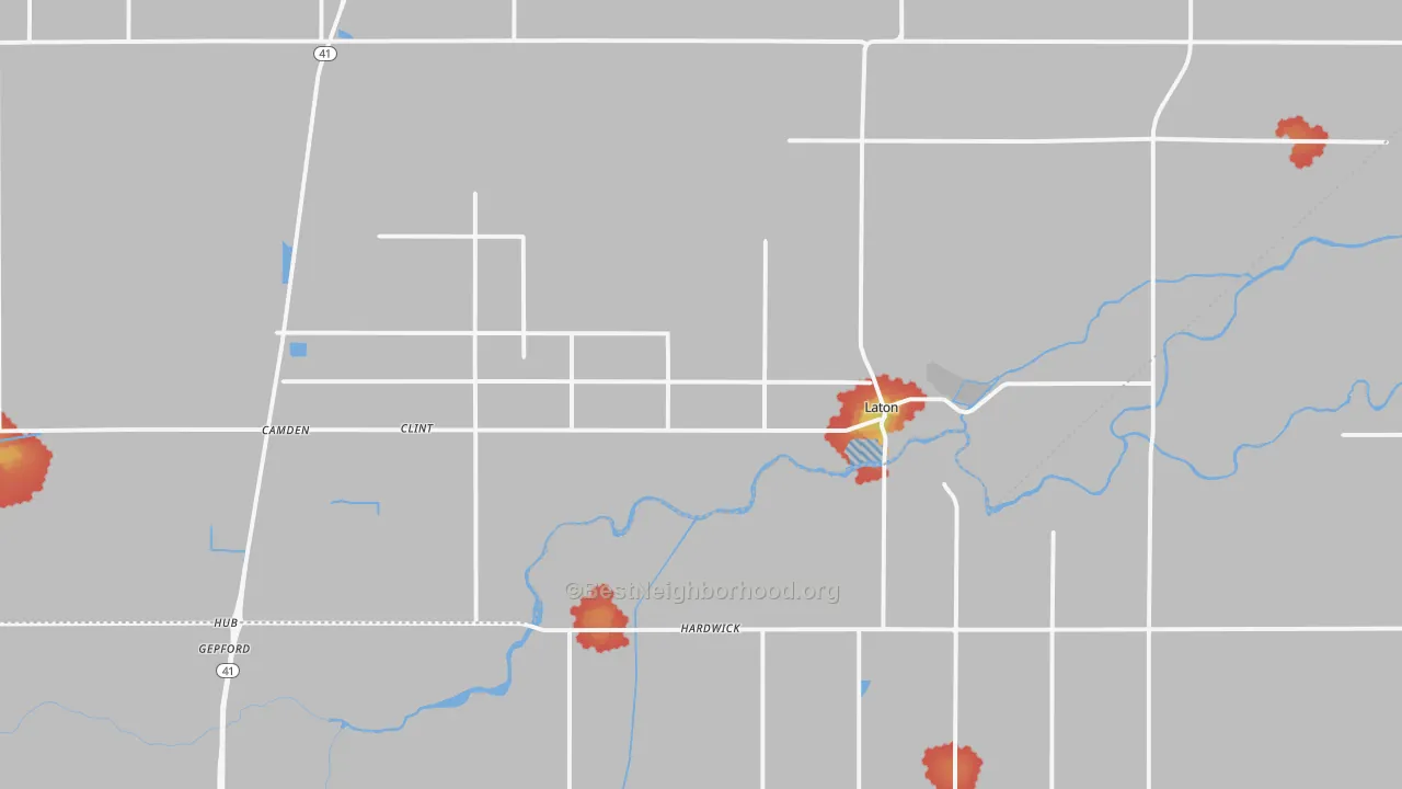 Walk Grade map of Laton, CA, walkable areas in green and car-dependent areas in red