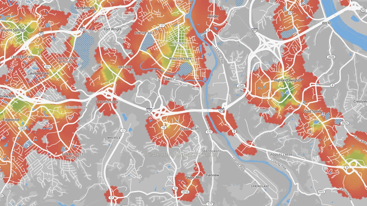 Walk Grade map of Latonia, KY, walkable areas in green and car-dependent areas in red