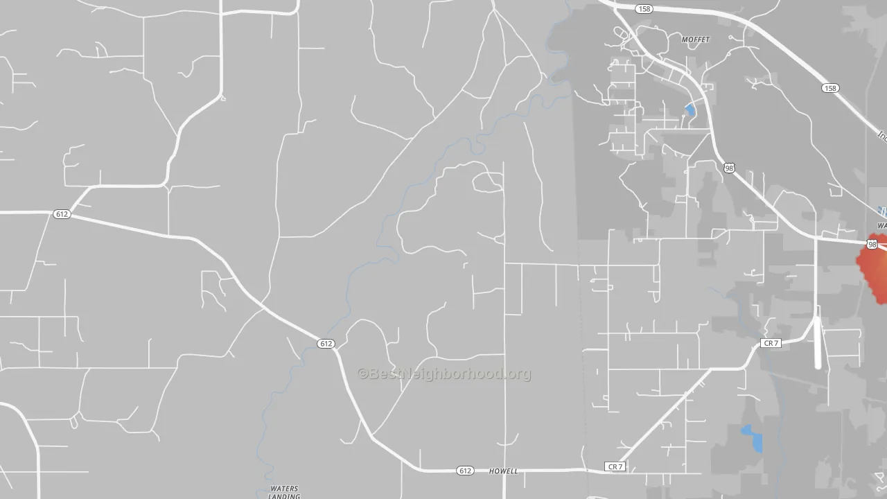 Walk Grade map of Latonia, MS, walkable areas in green and car-dependent areas in red