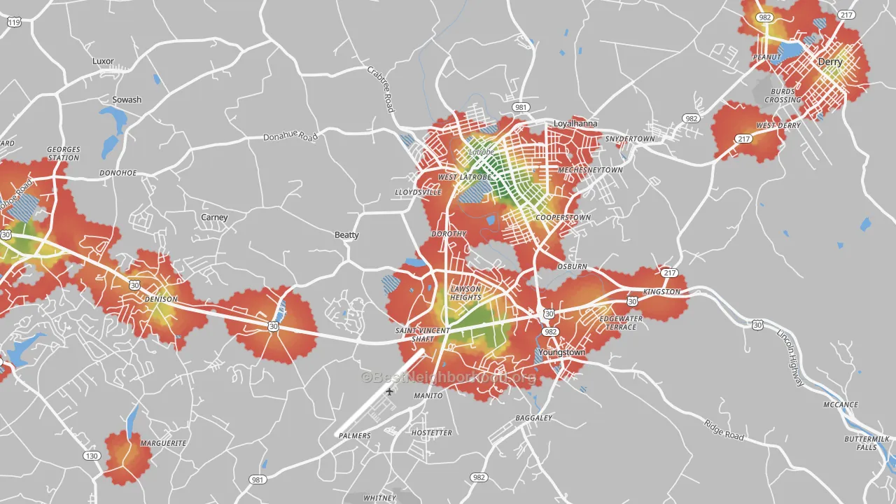 Walk Grade map of Latrobe, PA, walkable areas in green and car-dependent areas in red