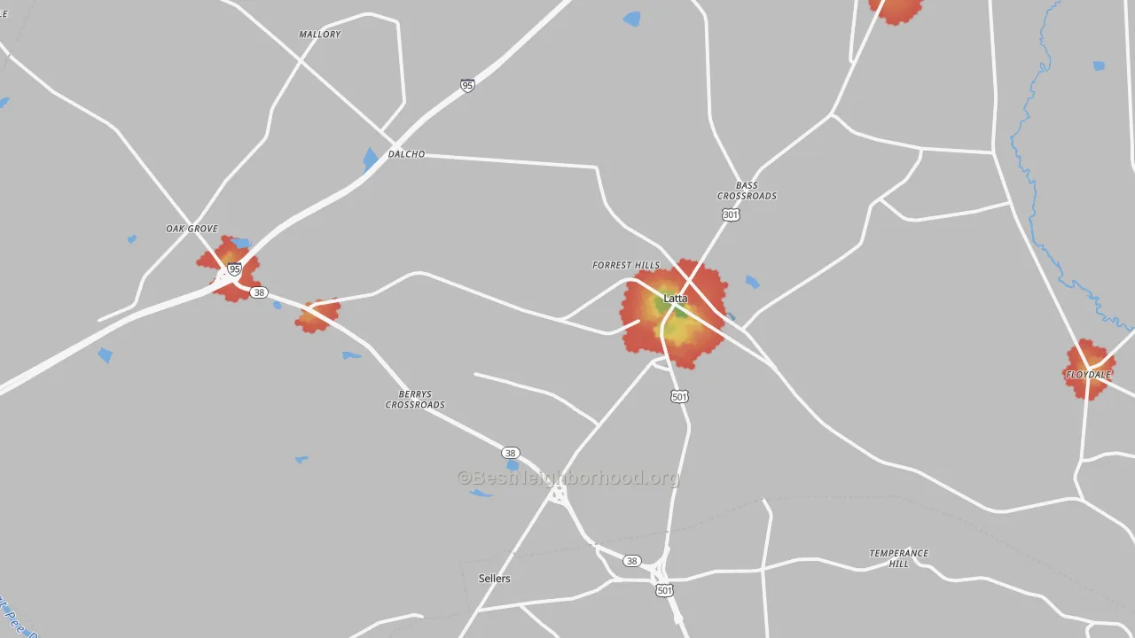 Walk Grade map of Latta, SC, walkable areas in green and car-dependent areas in red