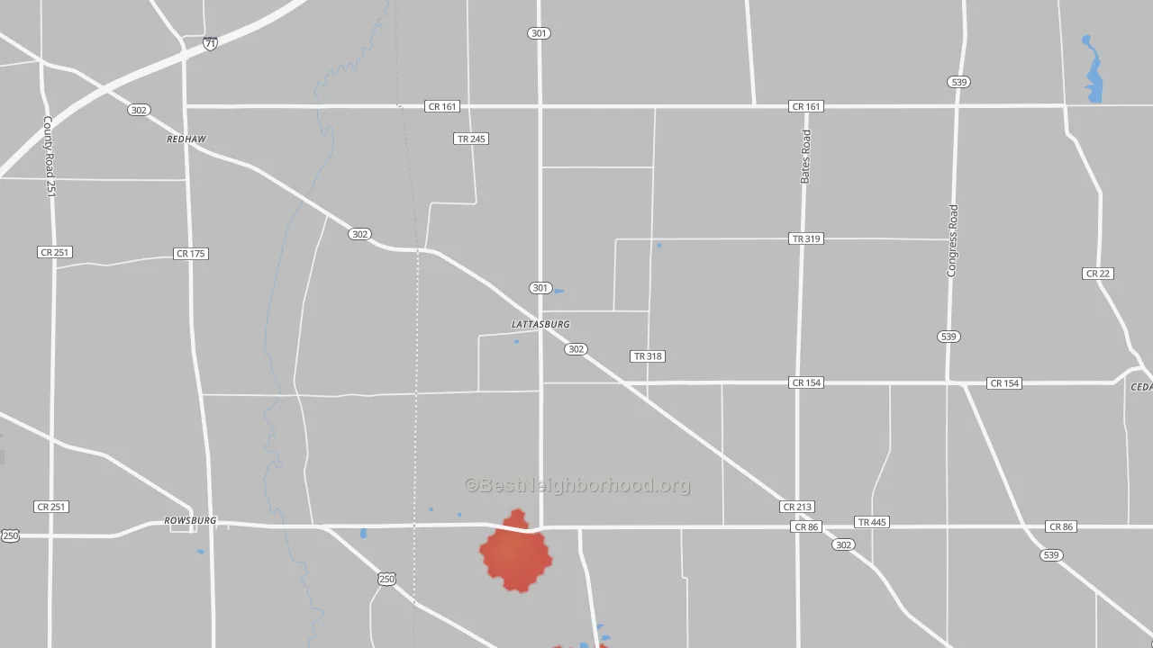 Walk Grade map of Lattasburg, OH, walkable areas in green and car-dependent areas in red
