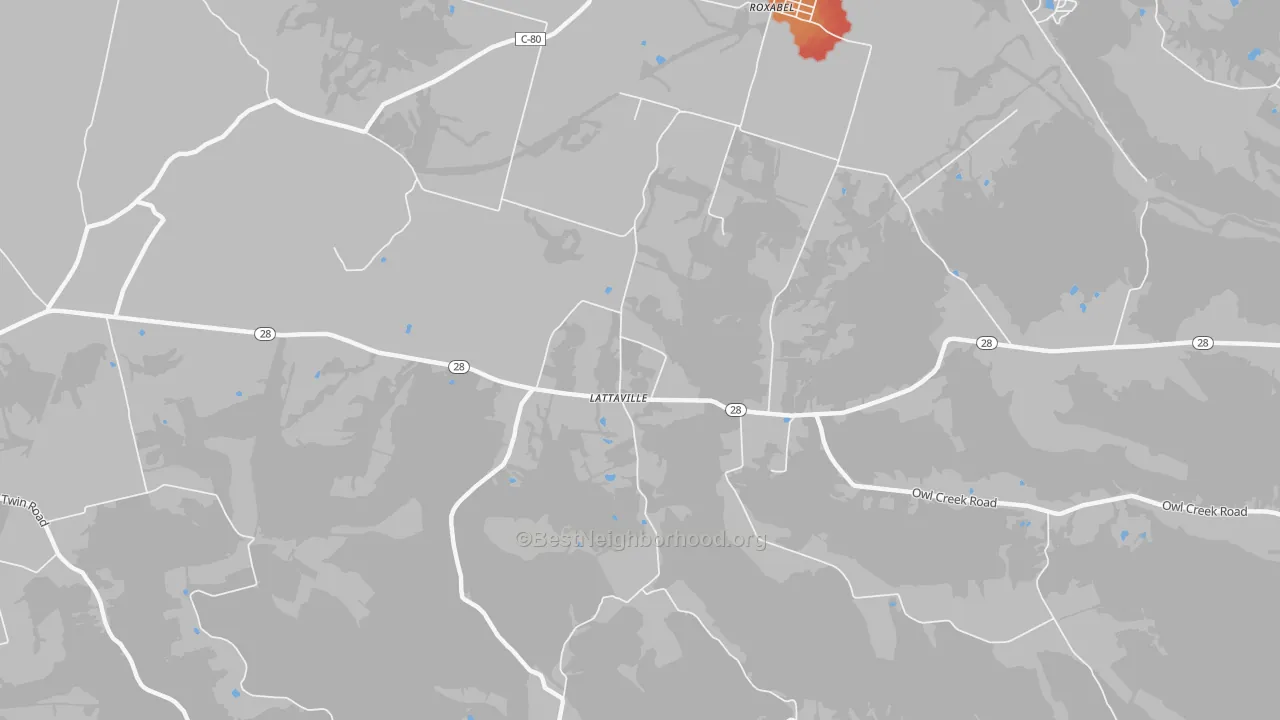 Walk Grade map of Lattasville, OH, walkable areas in green and car-dependent areas in red