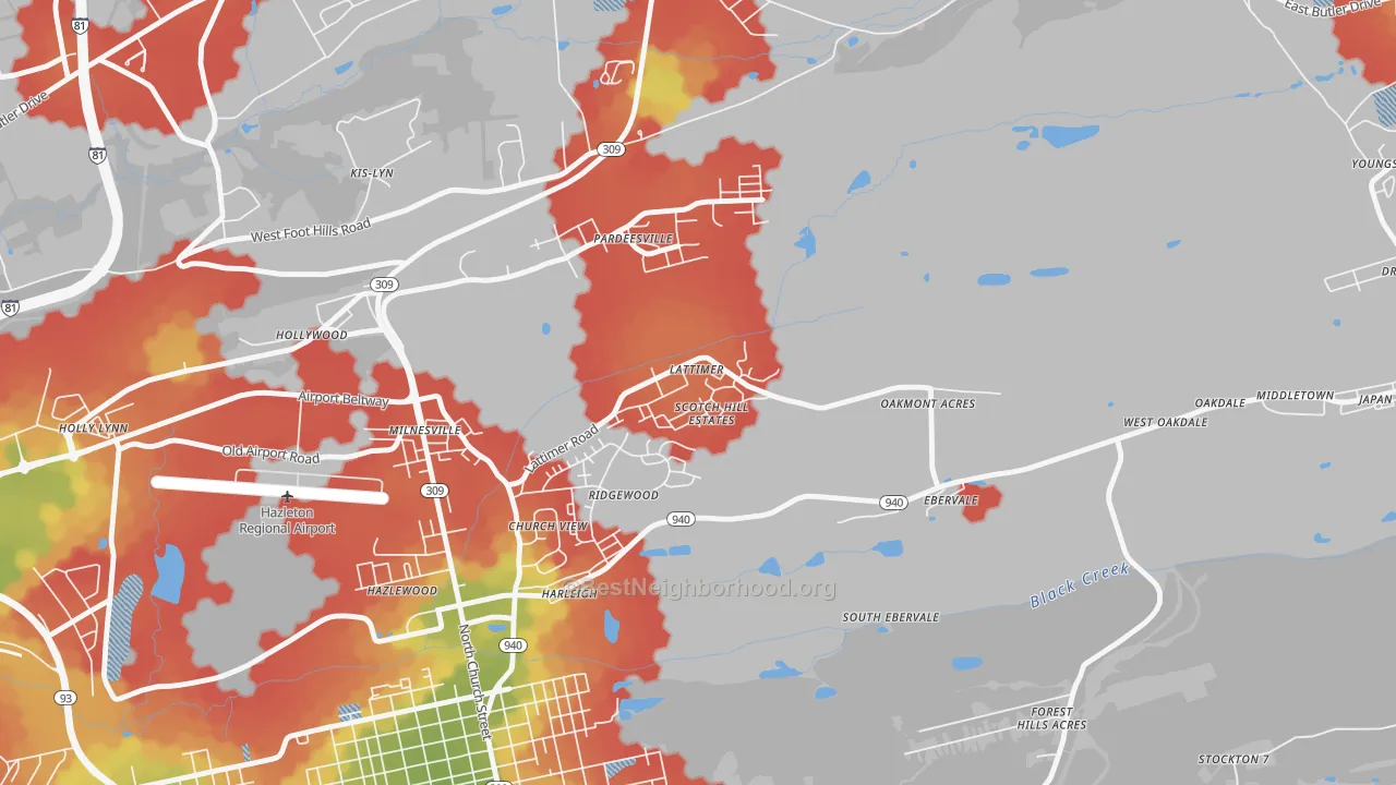 Walk Grade map of Lattimer, PA, walkable areas in green and car-dependent areas in red