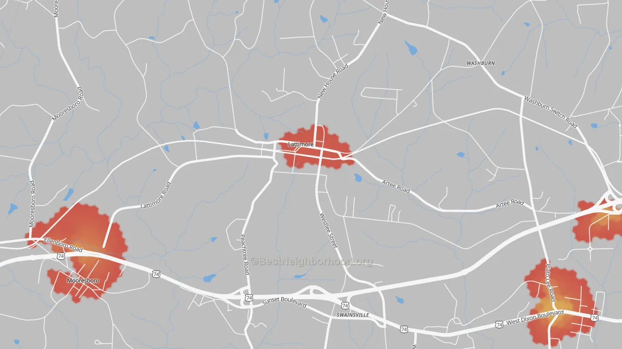 Walk Grade map of Lattimore, NC, walkable areas in green and car-dependent areas in red