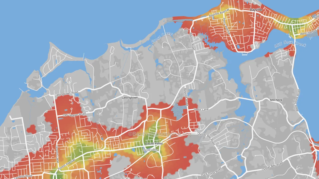 Walk Grade map of Lattingtown, NY, walkable areas in green and car-dependent areas in red
