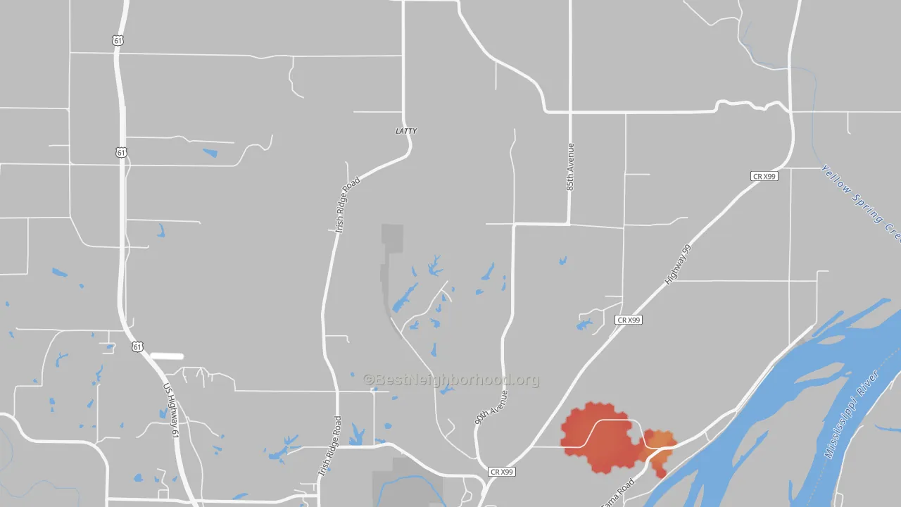 Walk Grade map of Latty, IA, walkable areas in green and car-dependent areas in red