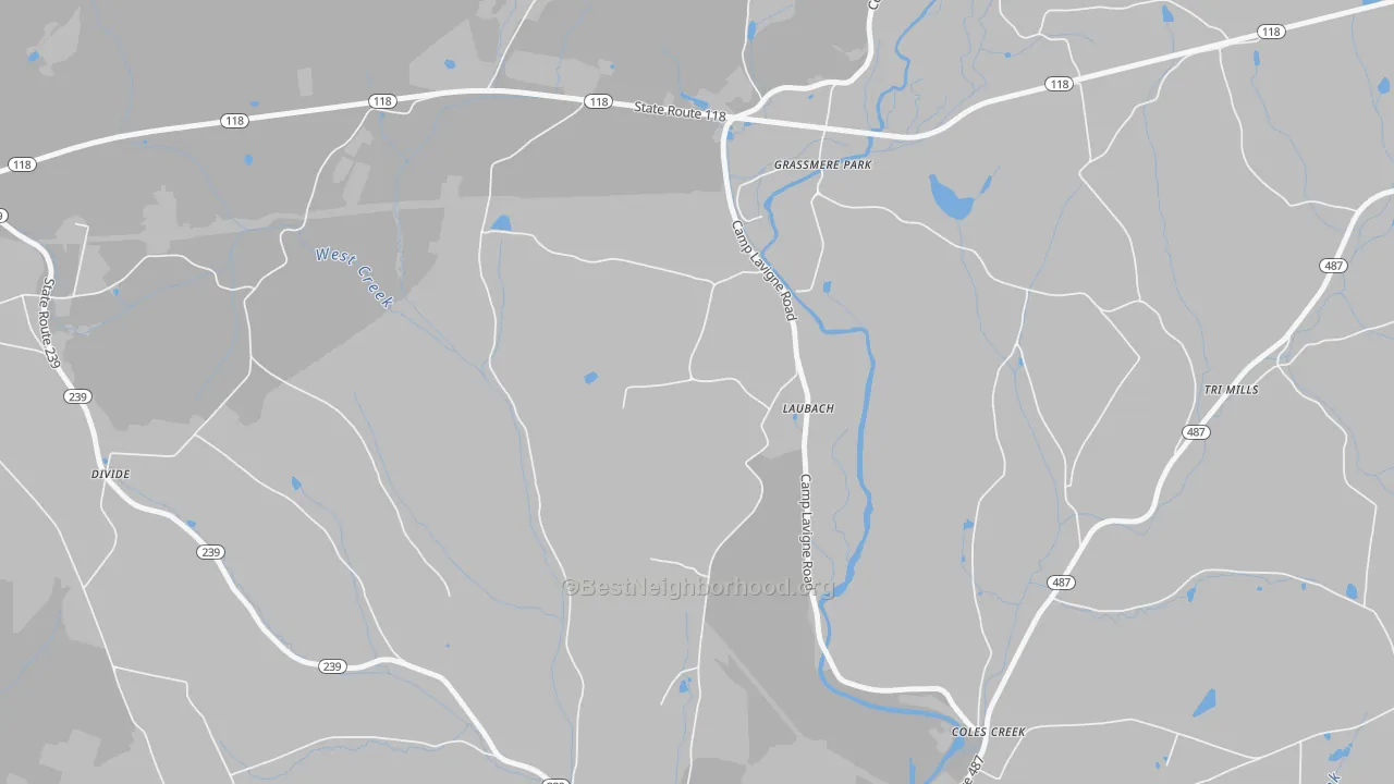 Walk Grade map of Laubachs, PA, walkable areas in green and car-dependent areas in red