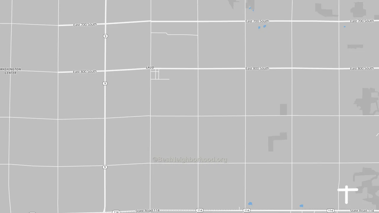Walk Grade map of Laud, IN, walkable areas in green and car-dependent areas in red