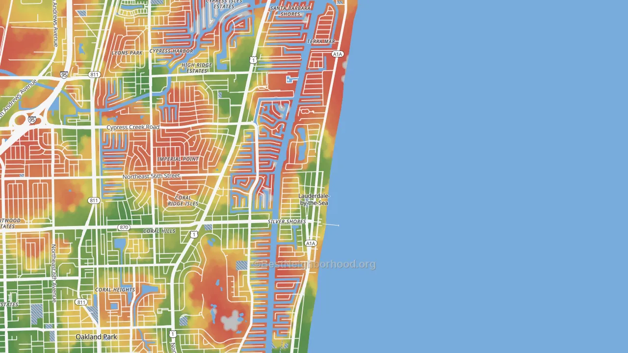 Walk Grade map of Lauderdale-by-the-Sea, FL, walkable areas in green and car-dependent areas in red