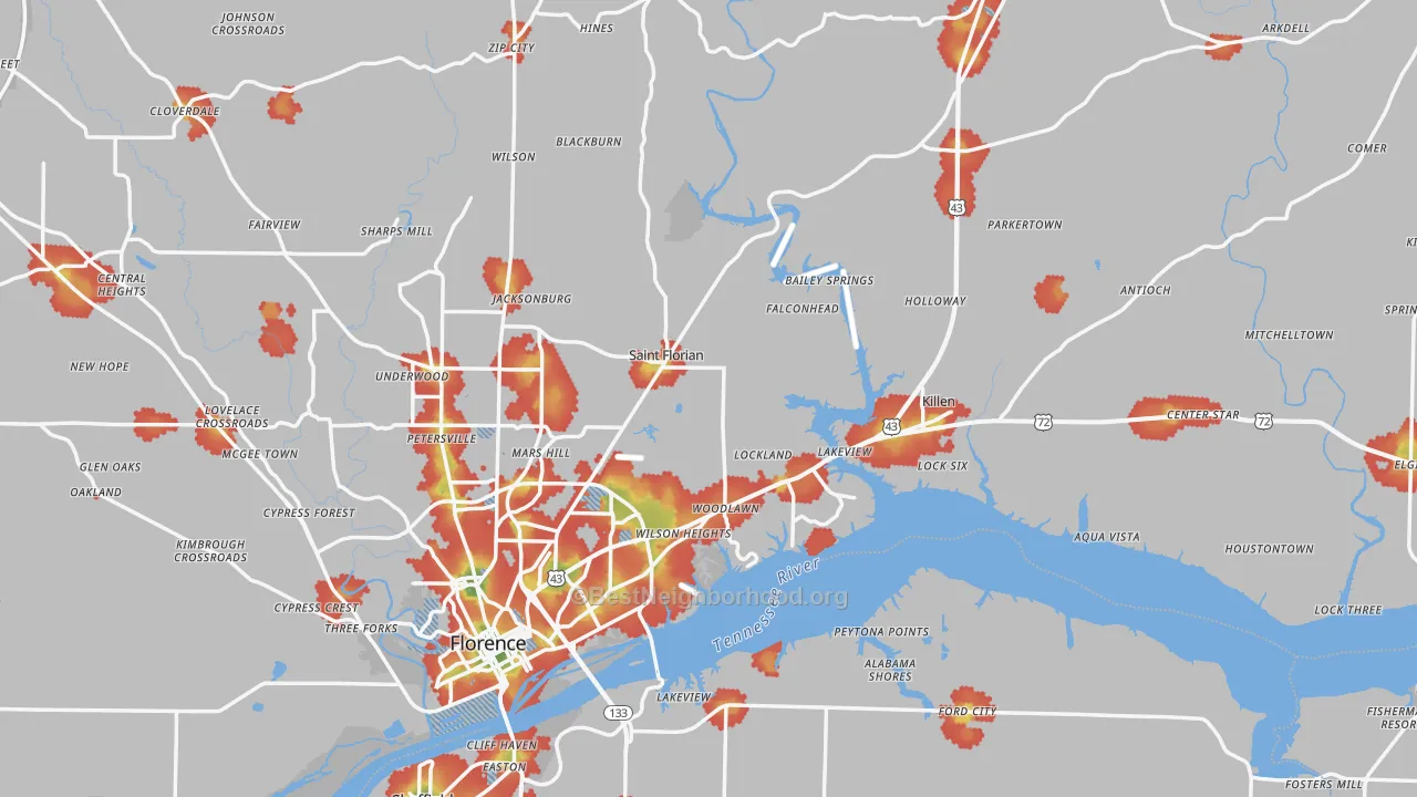 Walk Grade map of Lauderdale County, AL, walkable areas in green and car-dependent areas in red