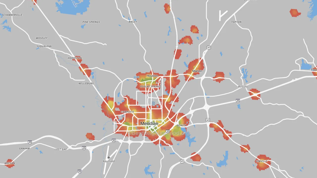 Walk Grade map of Lauderdale County, MS, walkable areas in green and car-dependent areas in red