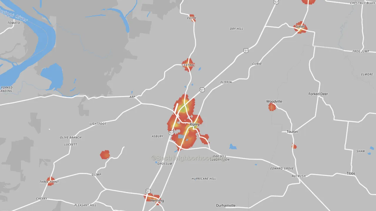 Walk Grade map of Lauderdale County, TN, walkable areas in green and car-dependent areas in red