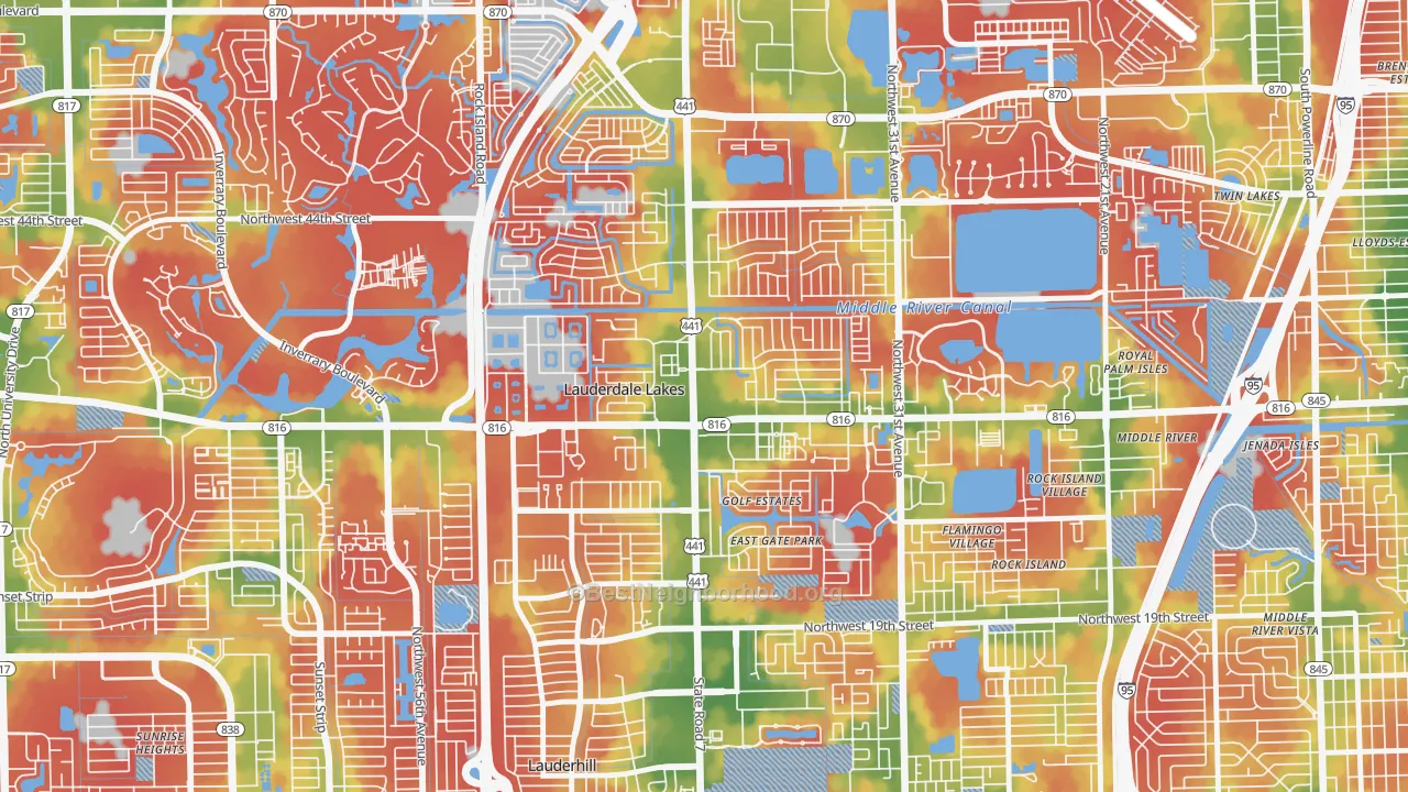 Walk Grade map of Lauderdale Lakes, FL, walkable areas in green and car-dependent areas in red