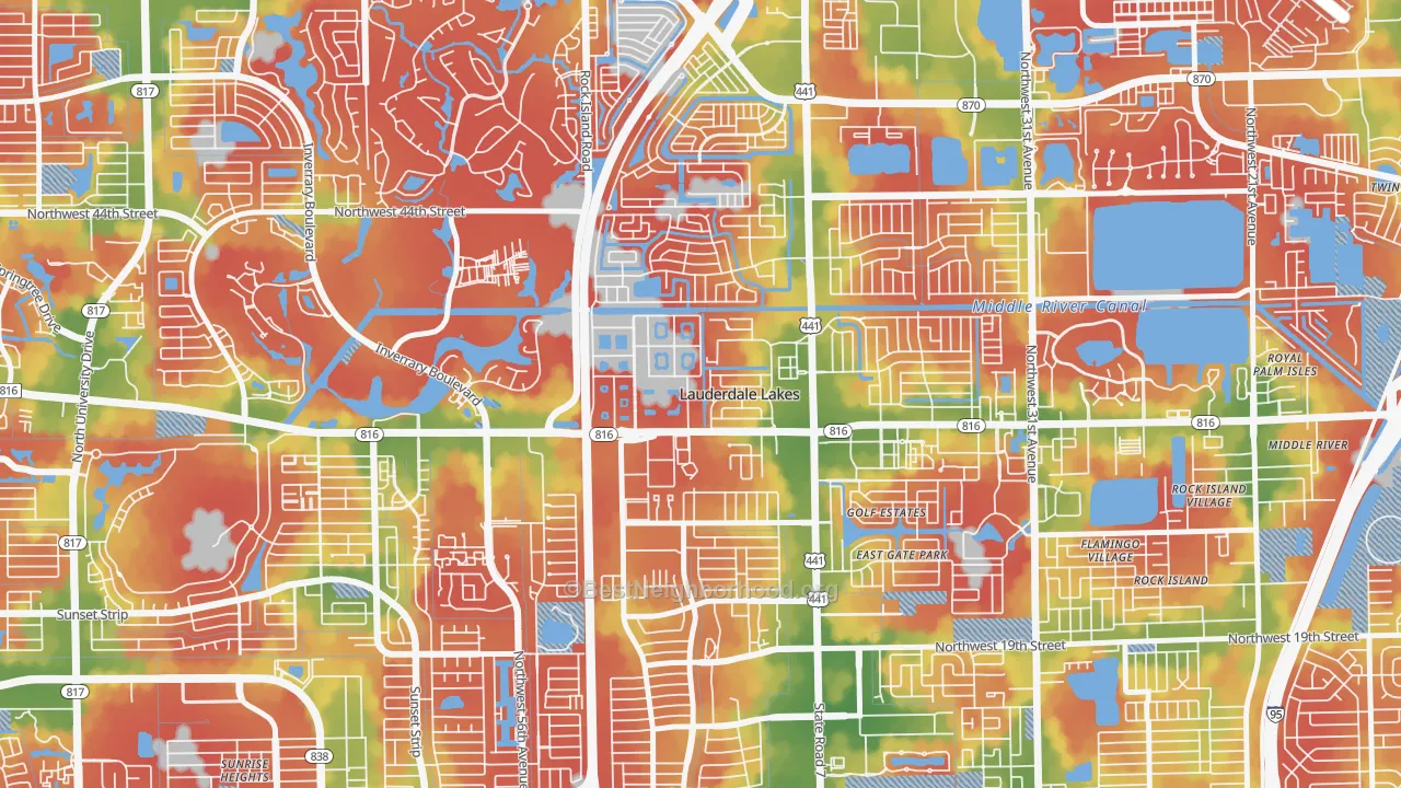 Walk Grade map of Lauderdale Lakes West Gate, Lauderdale Lakes, FL, walkable areas in green and car-dependent areas in red