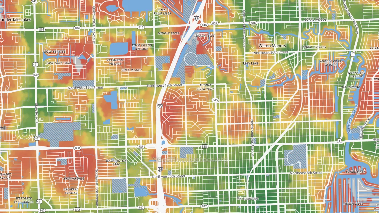 Walk Grade map of Lauderdale Manors, Fort Lauderdale, FL, walkable areas in green and car-dependent areas in red