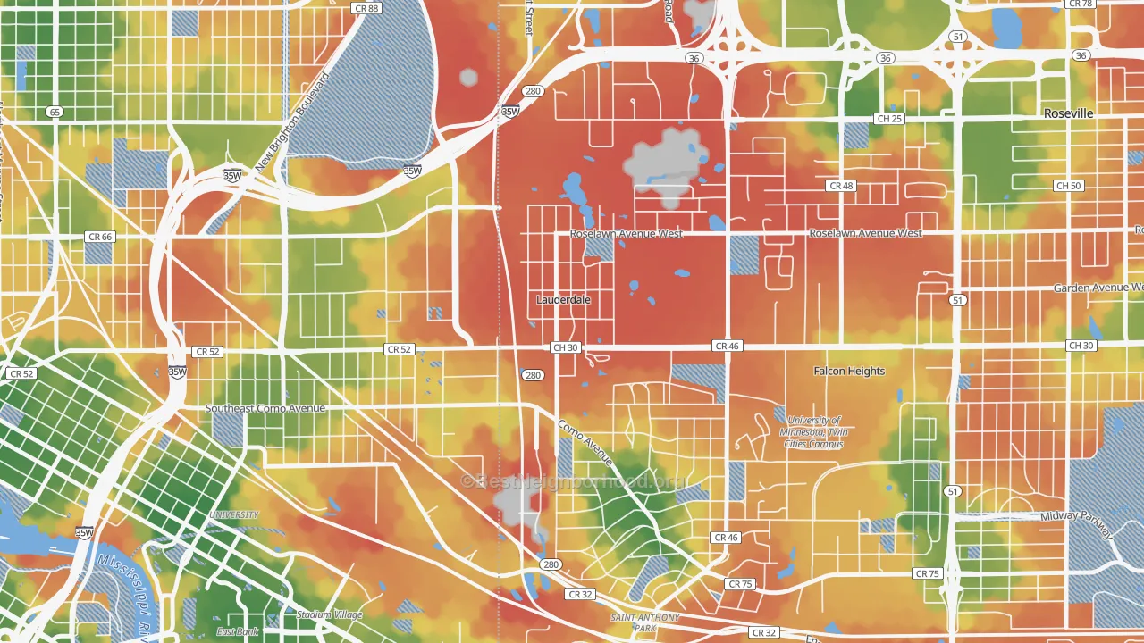 Walk Grade map of Lauderdale, MN, walkable areas in green and car-dependent areas in red