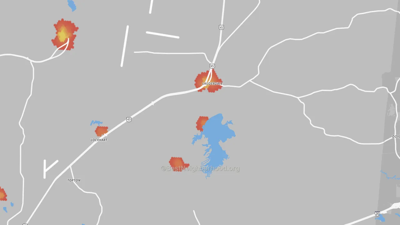 Walk Grade map of Lauderdale, MS, walkable areas in green and car-dependent areas in red