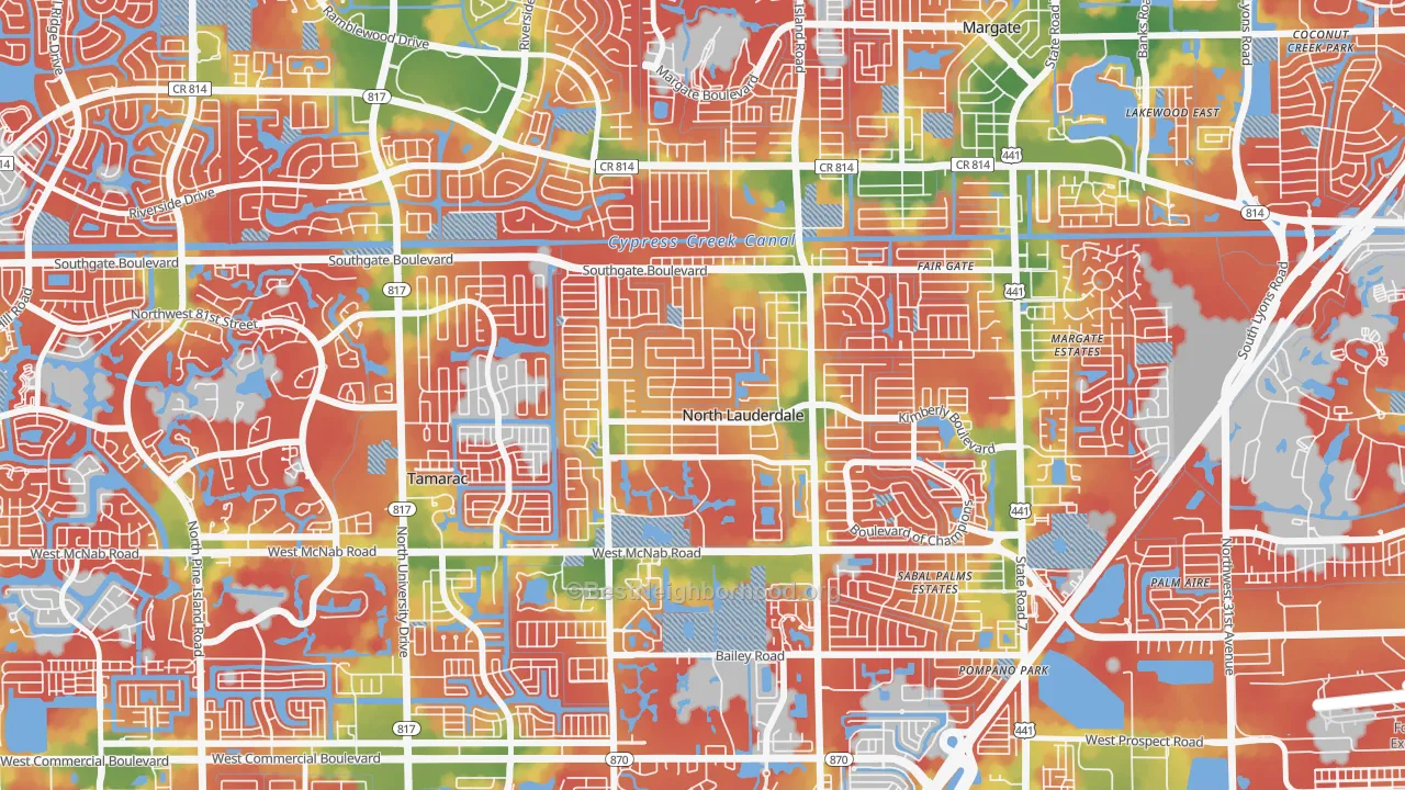 Walk Grade map of Lauderdale North Park, North Lauderdale, FL, walkable areas in green and car-dependent areas in red
