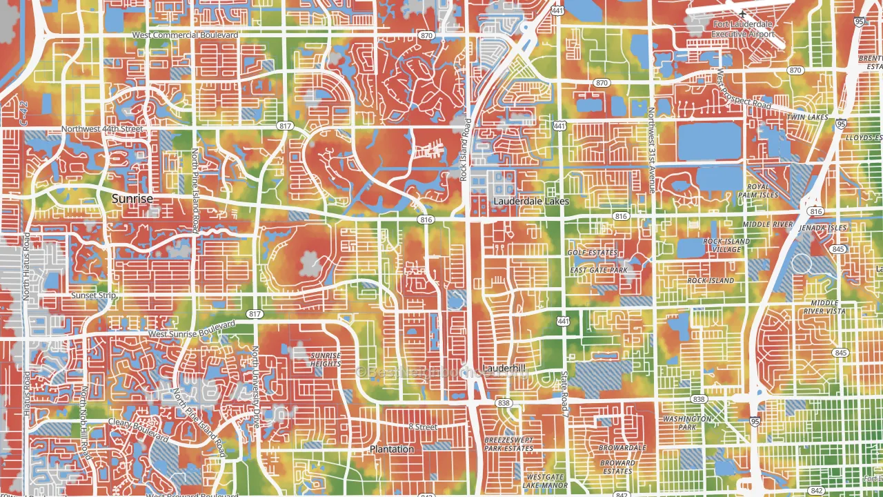 Walk Grade map of Lauderhill, FL, walkable areas in green and car-dependent areas in red
