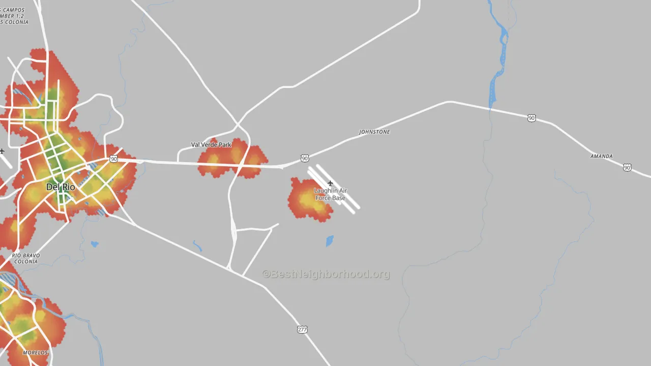 Walk Grade map of Laughlin A F B, TX, walkable areas in green and car-dependent areas in red
