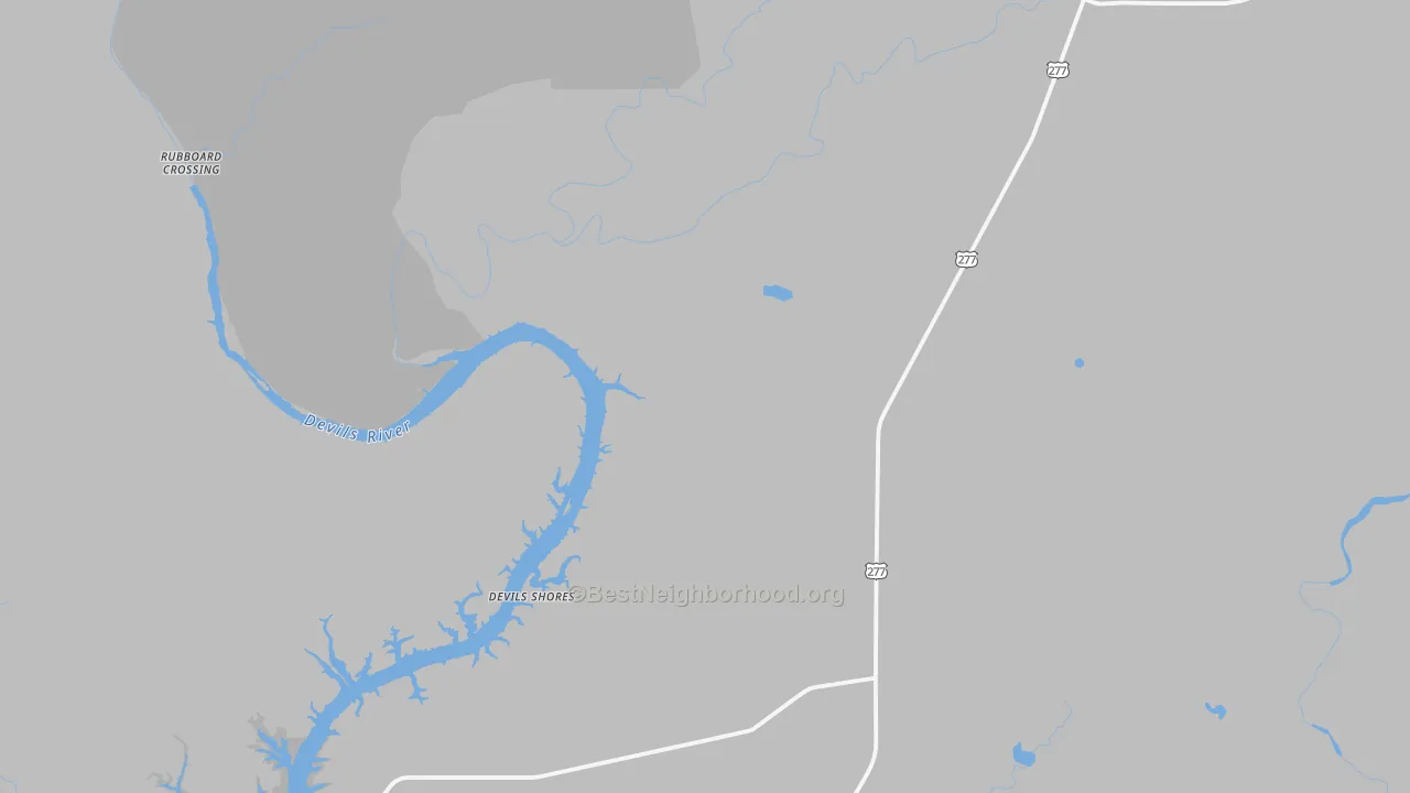 Walk Grade map of Laughlin Air Force Base, TX, walkable areas in green and car-dependent areas in red