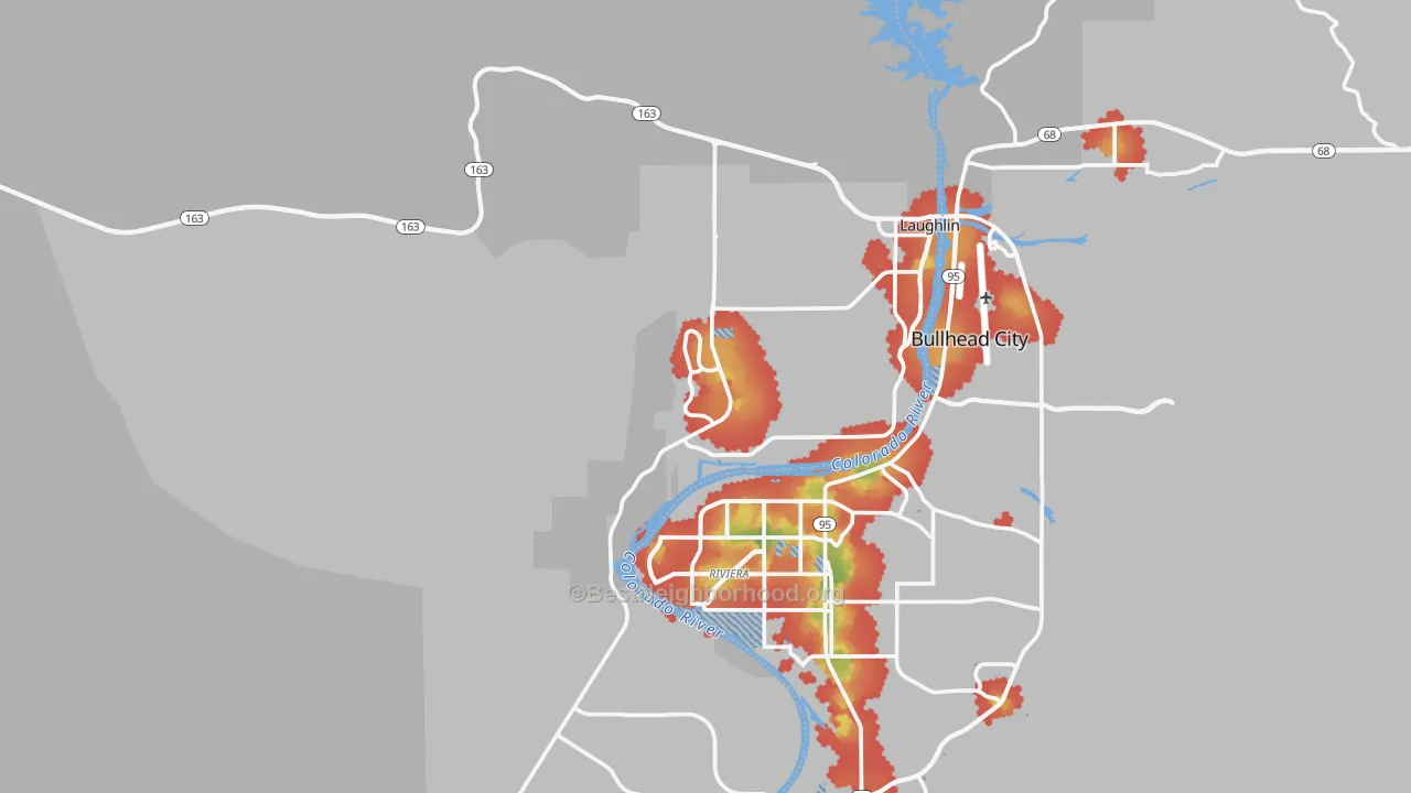 Walk Grade map of Laughlin, NV, walkable areas in green and car-dependent areas in red