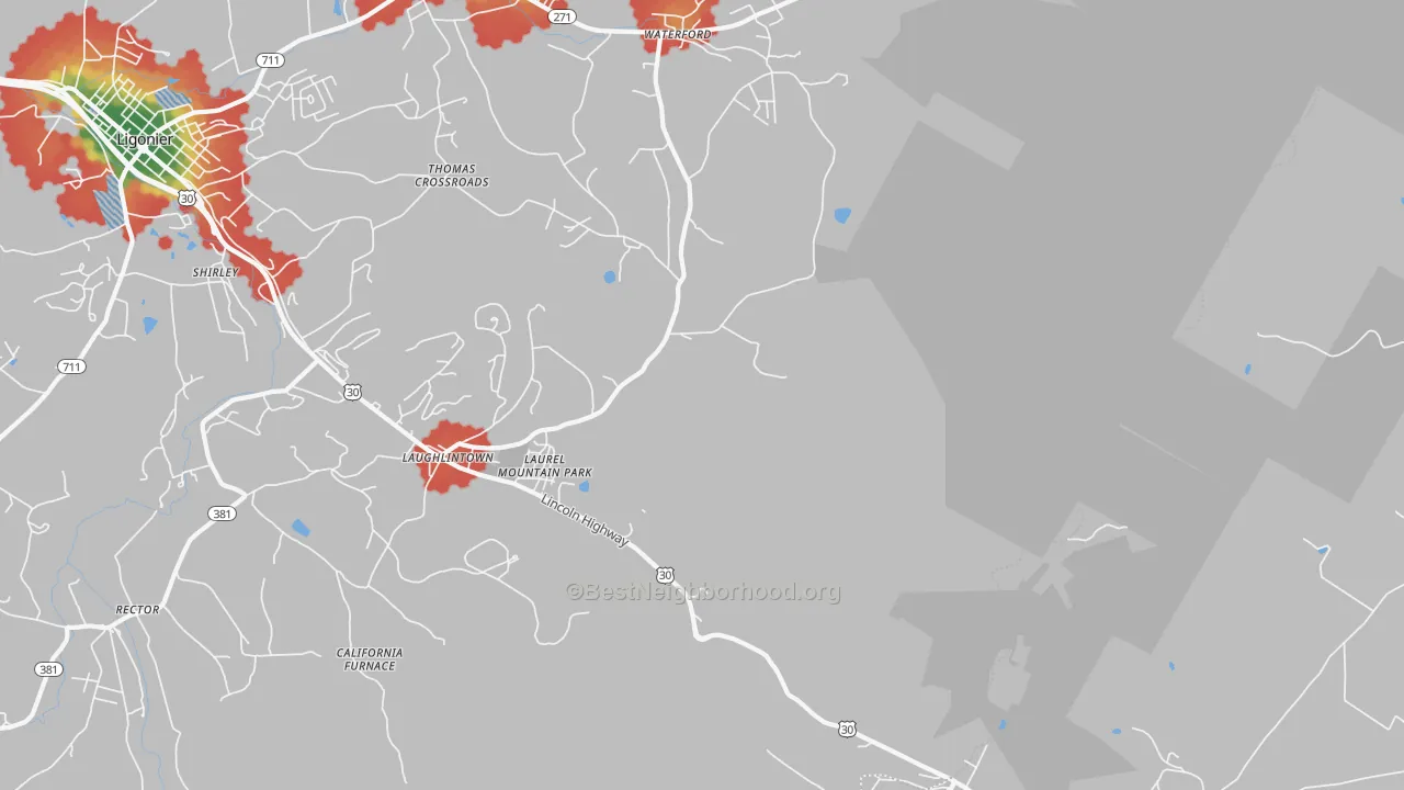 Walk Grade map of Laughlintown, PA, walkable areas in green and car-dependent areas in red