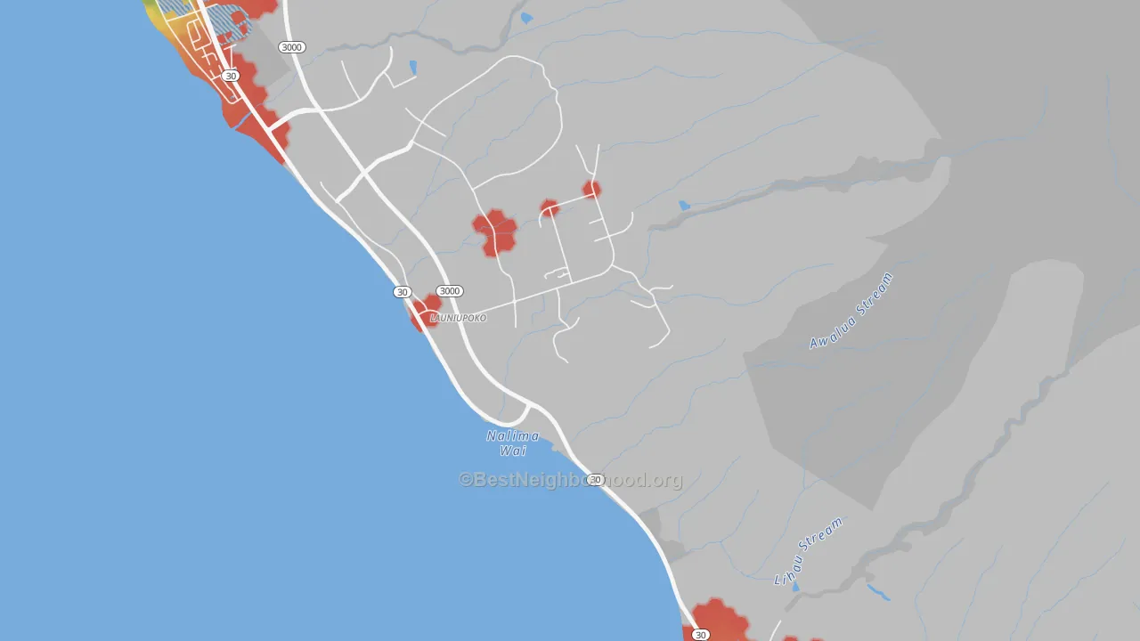Walk Grade map of Launiupoko, HI, walkable areas in green and car-dependent areas in red