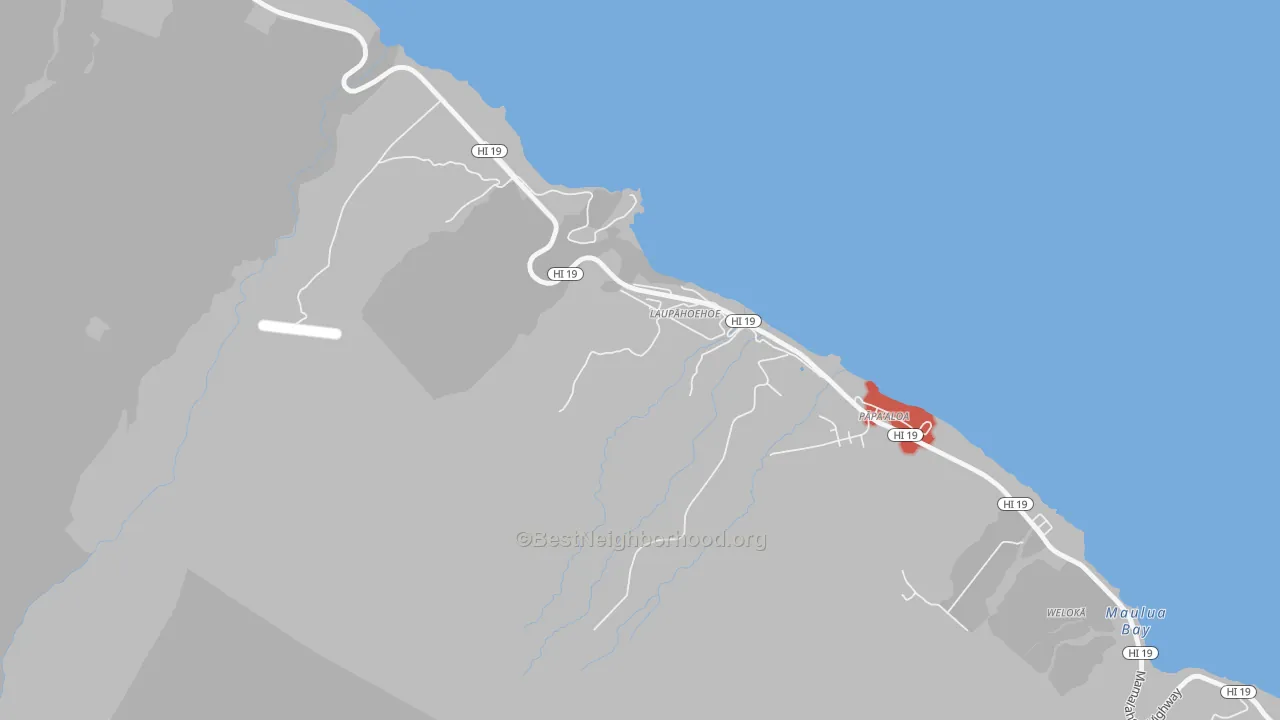 Walk Grade map of Laupahoehoe, HI, walkable areas in green and car-dependent areas in red