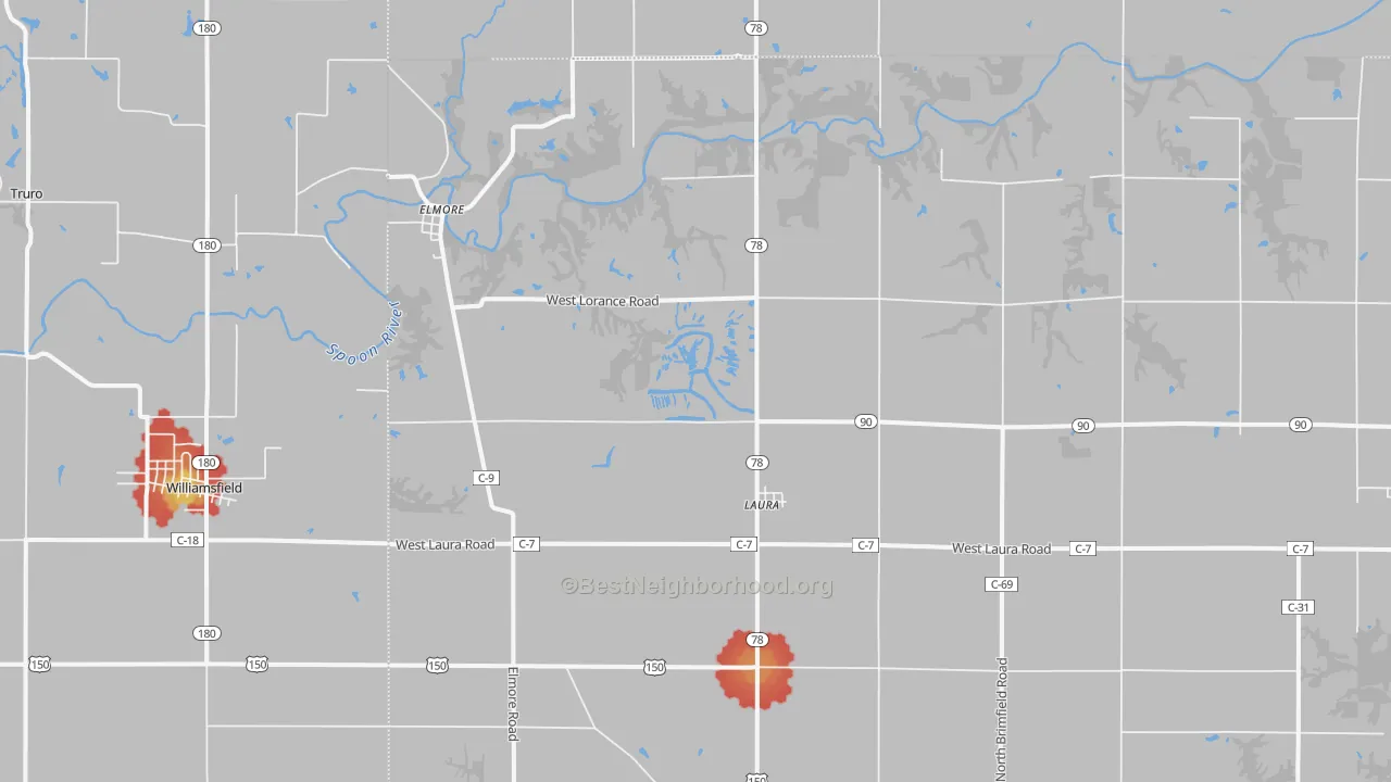 Walk Grade map of Laura, IL, walkable areas in green and car-dependent areas in red