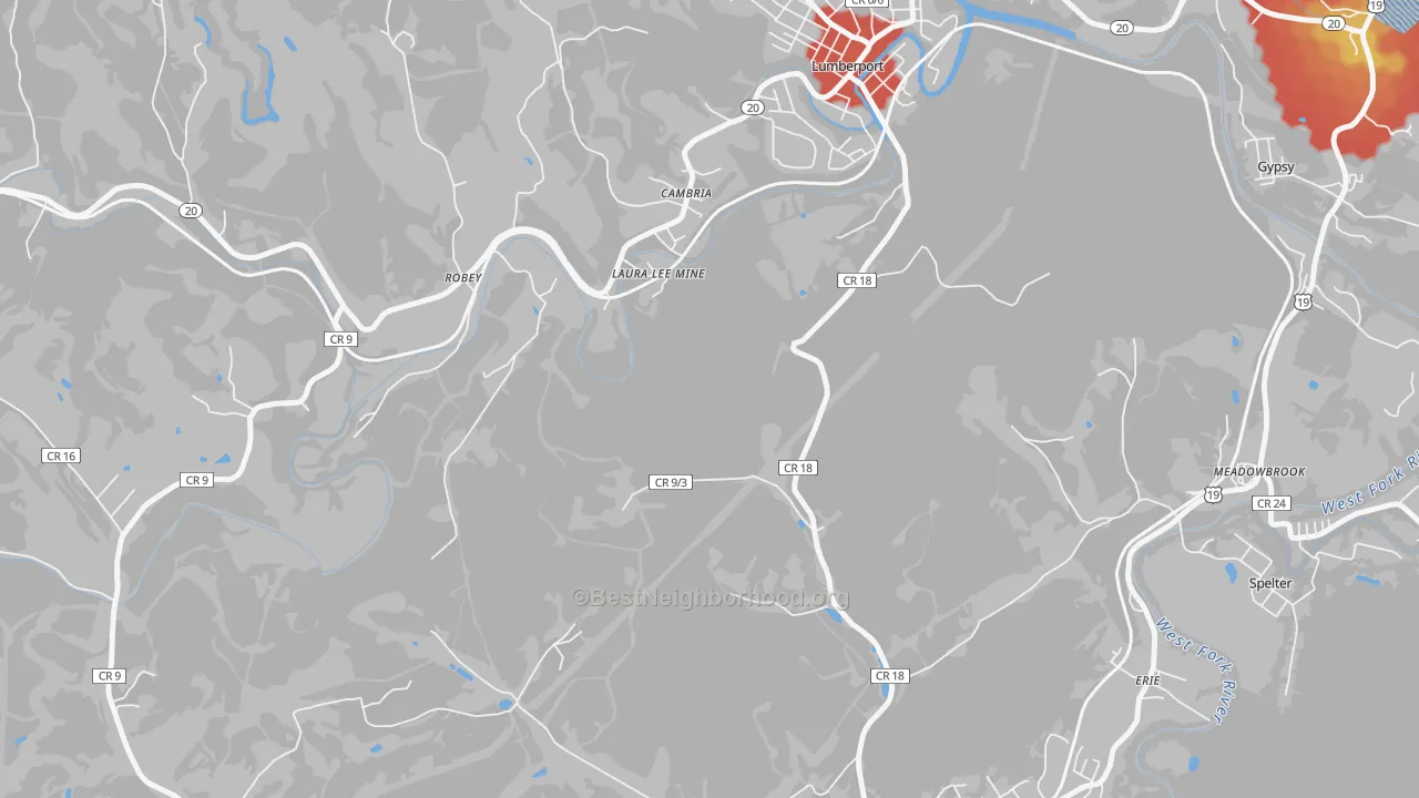 Walk Grade map of Laura Lee Mine, WV, walkable areas in green and car-dependent areas in red