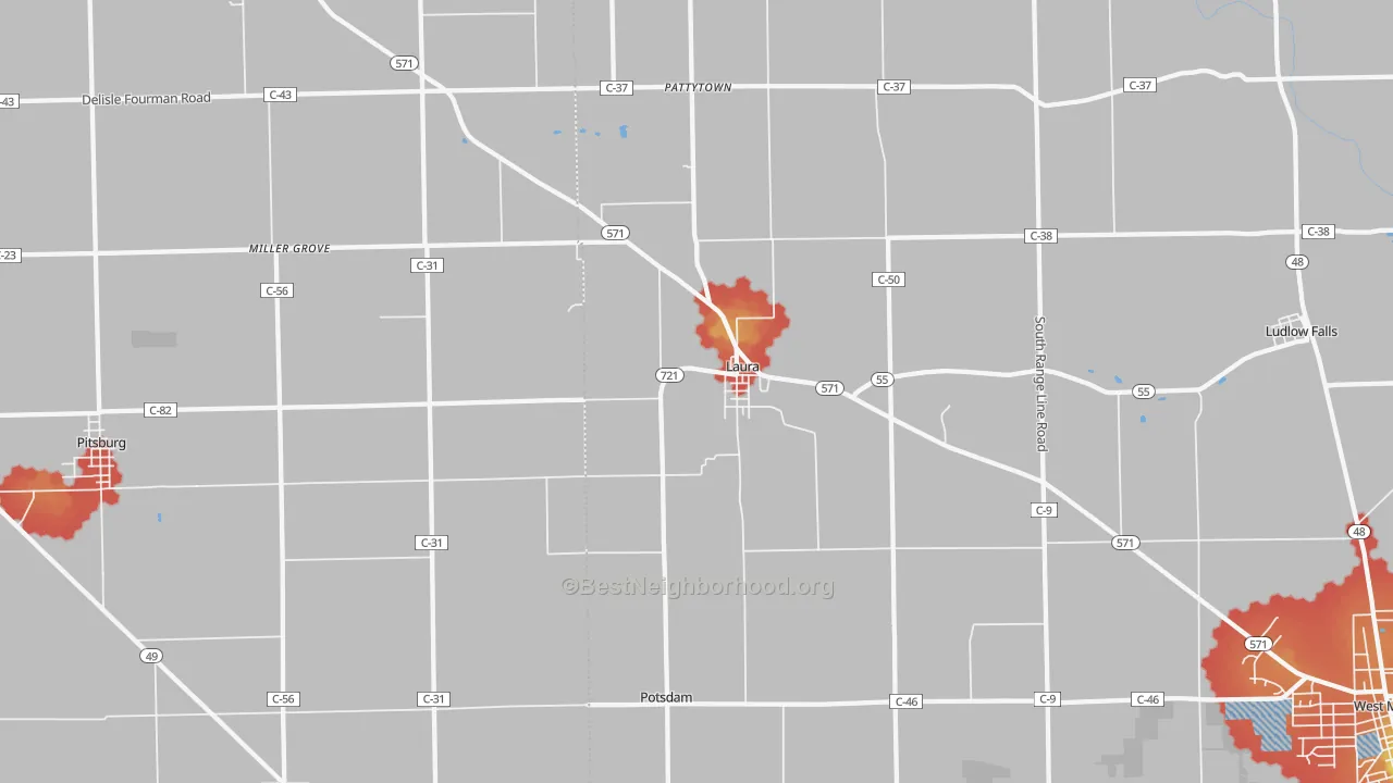 Walk Grade map of Laura, OH, walkable areas in green and car-dependent areas in red