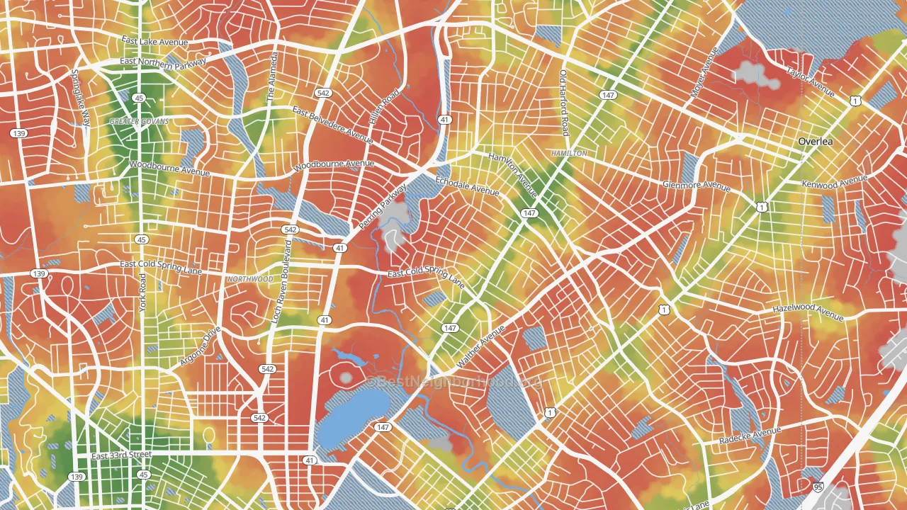 Walk Grade map of Lauraville, Baltimore, MD, walkable areas in green and car-dependent areas in red