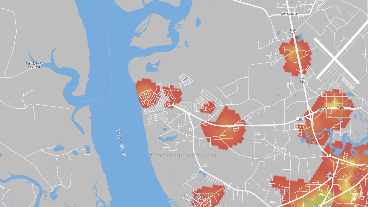 Walk Grade map of Laurel Bay, SC, walkable areas in green and car-dependent areas in red