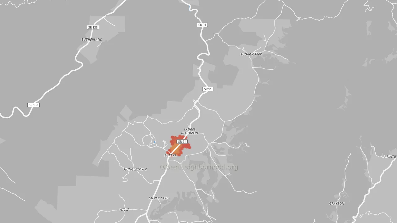 Walk Grade map of Laurel Bloomery, TN, walkable areas in green and car-dependent areas in red