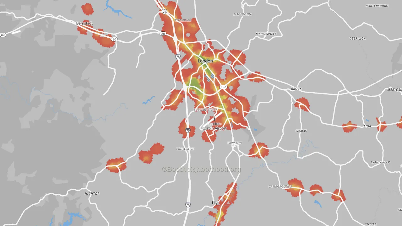 Walk Grade map of Laurel County, KY, walkable areas in green and car-dependent areas in red
