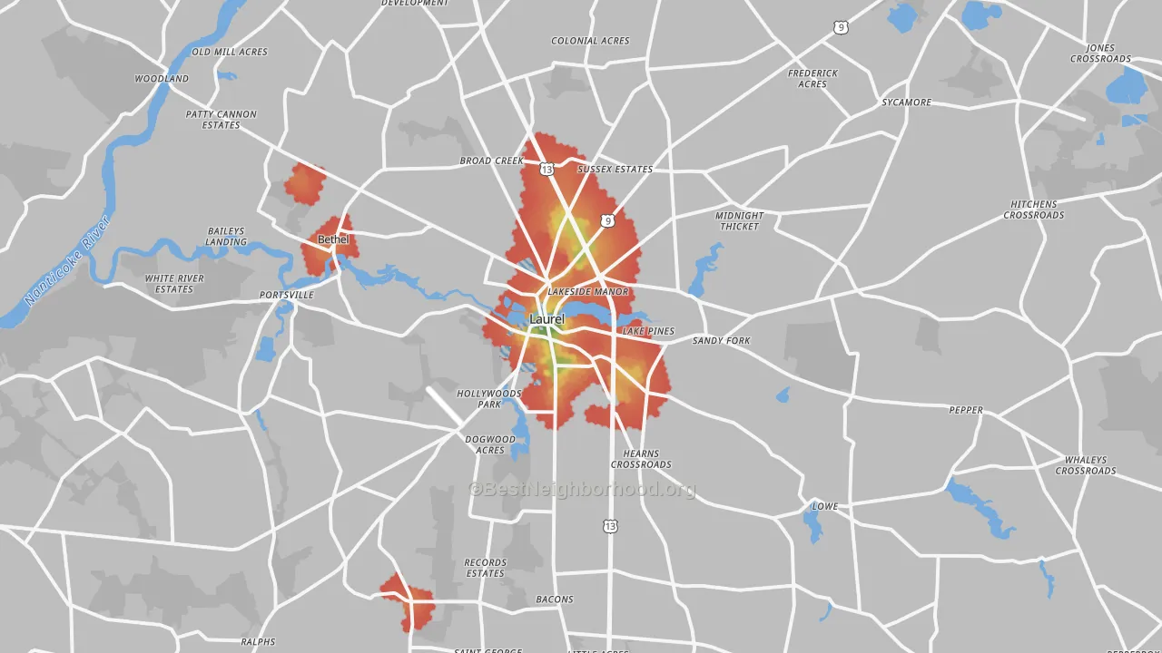 Walk Grade map of Laurel, DE, walkable areas in green and car-dependent areas in red
