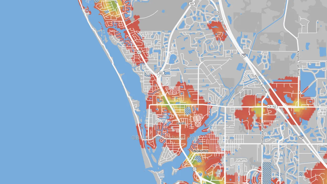 Walk Grade map of Laurel, FL, walkable areas in green and car-dependent areas in red