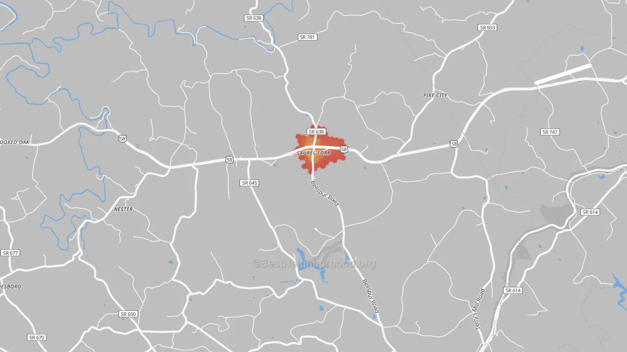 Walk Grade map of Laurel Fork, VA, walkable areas in green and car-dependent areas in red