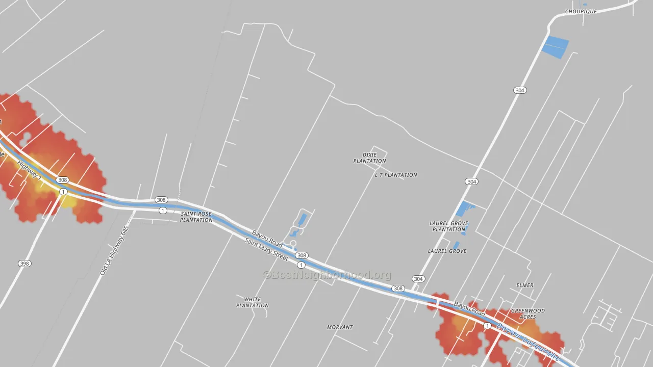 Walk Grade map of Laurel Grove, LA, walkable areas in green and car-dependent areas in red