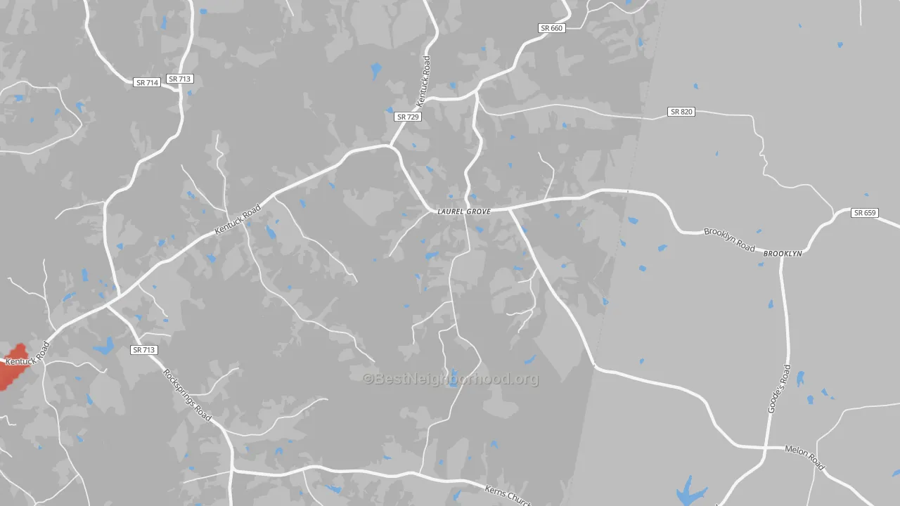 Walk Grade map of Laurel Grove, VA, walkable areas in green and car-dependent areas in red