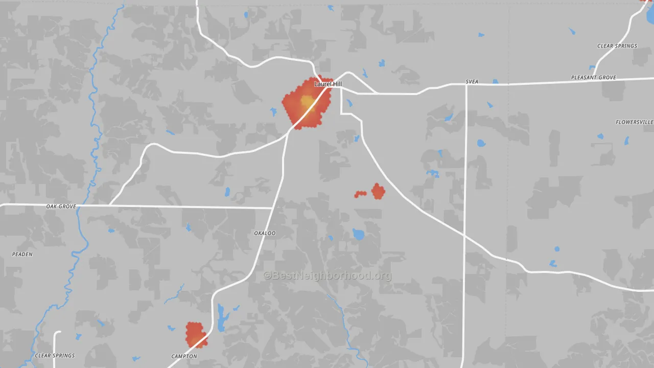 Walk Grade map of Laurel Hill, FL, walkable areas in green and car-dependent areas in red