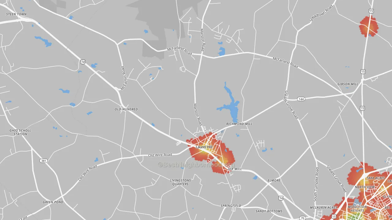 Walk Grade map of Laurel Hill, NC, walkable areas in green and car-dependent areas in red