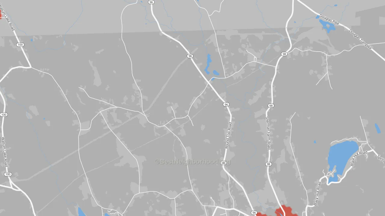 Walk Grade map of Laurel Hill, RI, walkable areas in green and car-dependent areas in red