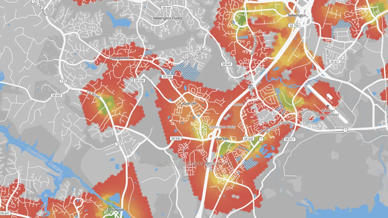 Walk Grade map of Laurel Hill, VA, walkable areas in green and car-dependent areas in red